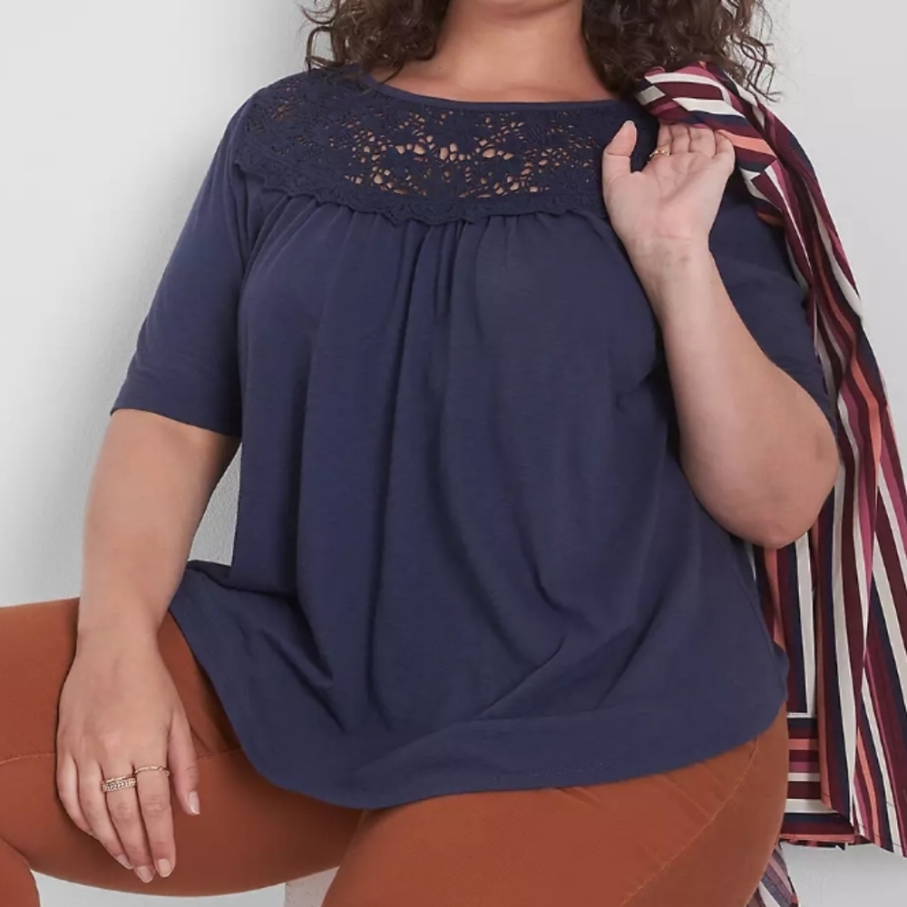 lane bryant lace & yoke curv hemline swing tee  sz16 with a flattering s…